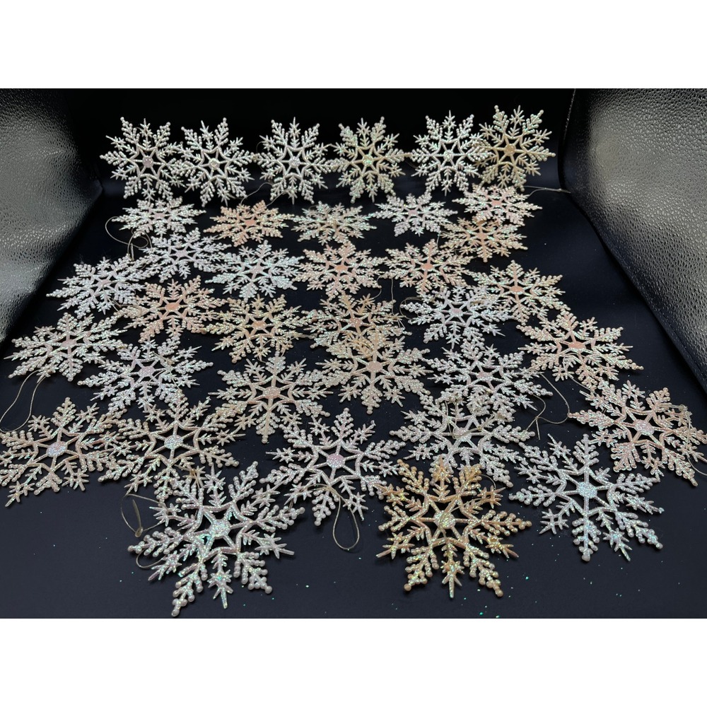 36pc Iridescent Glitter Plastic Snowflake Christmas Ornaments 4" Holiday Decor